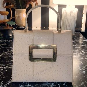 Tan ostrich leather buckle bag